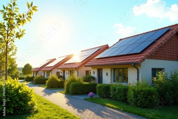 Fototapeta Sunlit row of homes featuring rooftop solar arrays, architecture, housing