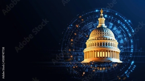 Fototapeta High-tech economic illustration of the US Capitol with virtual financial growth indicators, digital transformation of government financial policies