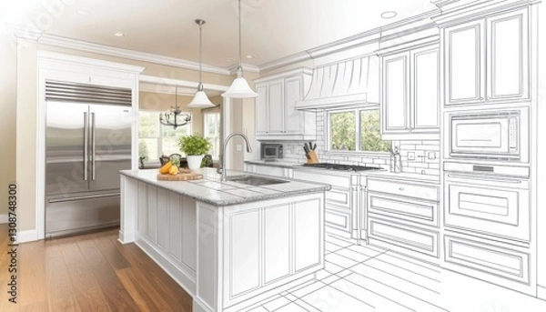 Fototapeta Partially rendered modern kitchen with sketched blueprint elements, illustrating creative interior design, construction planning, and home improvement