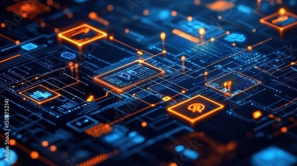 Fototapeta Digital circuit board with glowing components and interconnected pathways