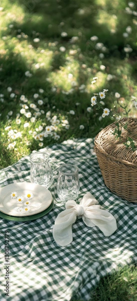 Fototapeta serene picnic setup on green lawn with flowers, featuring plates, glasses, and woven basket