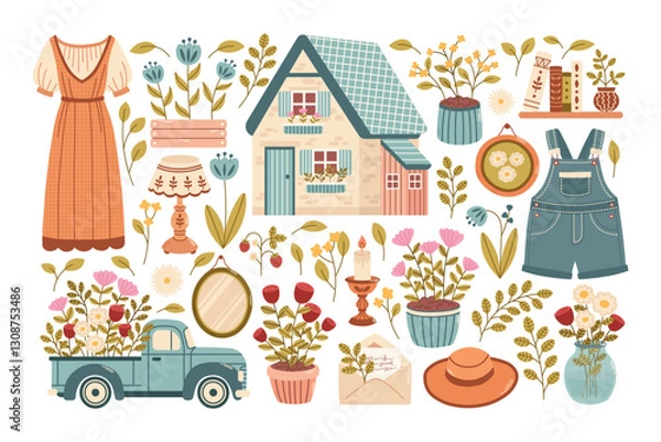 Obraz Delicate gentle cottagecore collection with summer house elements, clothing, vintage interior elements, decor, flower pots, beds, botanical elements. Vector illustration.  
