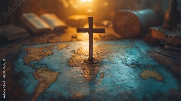 Obraz A wooden cross sits on an antique world map, surrounded by aged books and other artifacts, in a dimly lit room.
