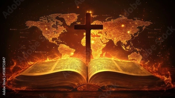 Obraz Open Bible with world map and cross in flames, signifying global faith and religious beliefs.
