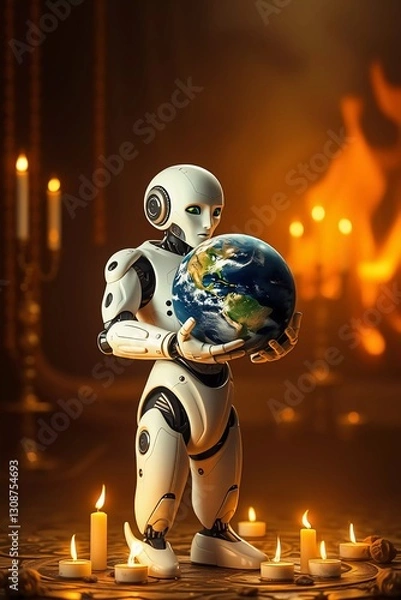 Obraz Humanoid Robot Embracing Earth – Environmental Awareness.