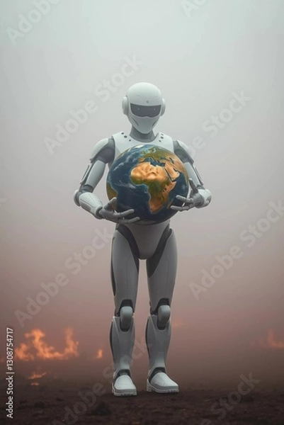 Obraz Artificial Intelligence Protecting the World – Sci-Fi Illustration.AI Robot.