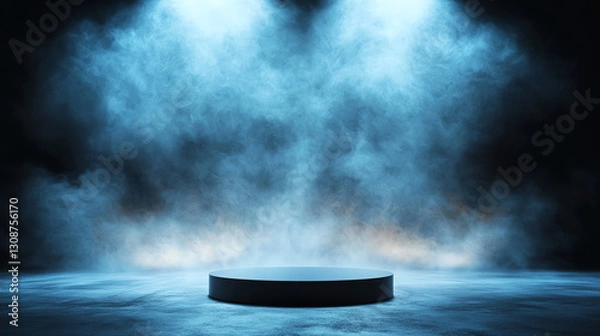 Fototapeta dramatic empty room with circular podium illuminated by blue lights and surrounded by fog, creating mysterious atmosphere