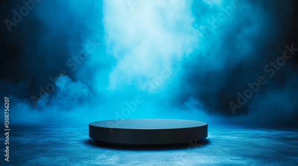 Fototapeta dramatic empty room features black podium surrounded by blue fog, creating mysterious atmosphere. scene evokes anticipation and intrigue