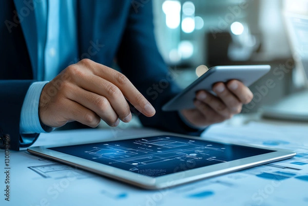 Fototapeta professional using tablet and smartphone to analyze blueprints and plans in office setting. focus is on technology and modern work processes