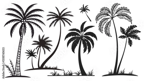 Fototapeta Collection of palm tree silhouettes, tropical plant set, black vector illustrations of palm trees in various shapes and sizes, island nature design elements for vacation, summer, and beach themes
