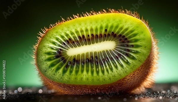 Fototapeta Macro shot of a kiwi’s fuzzy brown skin, showcasing its textured surface, contrasted with the vibrant green flesh inside, highlighting the fruit’s natural details and color contrast.
