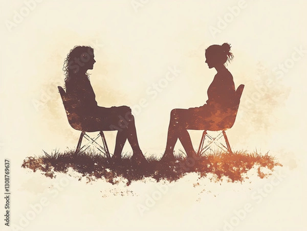 Fototapeta Silhouette Conversation: Two women, their silhouettes cast against a soft, textured backdrop, sit in modern chairs engaged in an intimate conversation. The image evokes a sense of connection.