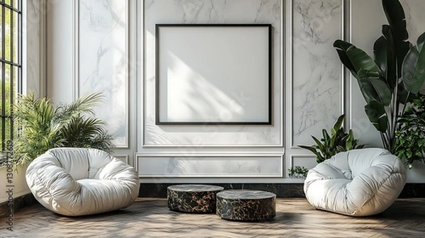 Fototapeta A mockup of an empty black frame on the wall, the room is white with marble-patterned furniture, and there's a large window. The frame hangs above two square, floral coffee tables.