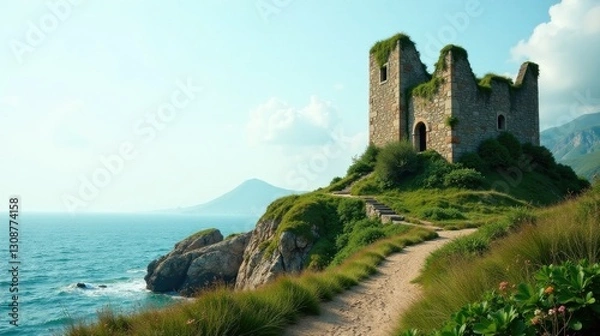 Fototapeta A Picturesque Coastal Ruin Stone Tower Overlooking Serene Ocean Waters, Path Leading to Ancient Structure on Rocky Cliffs