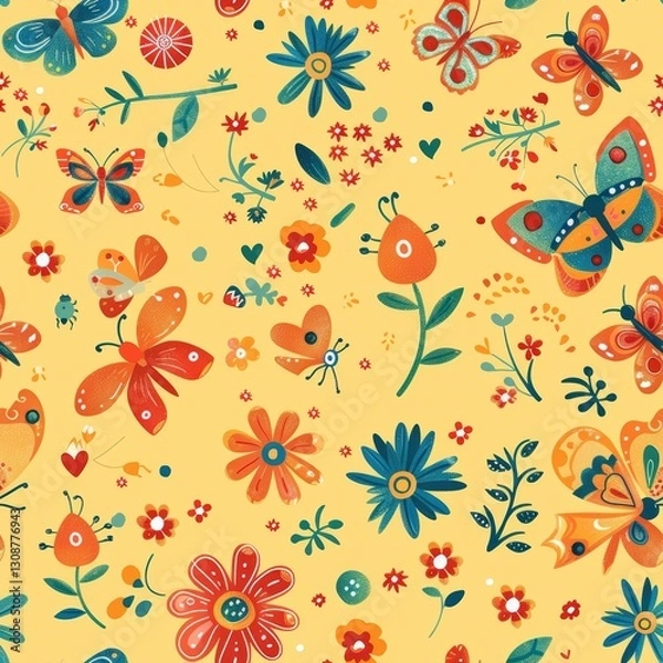 Fototapeta A vibrant seamless pattern featuring whimsical butterflies, blooming flowers, and delicate botanical elements in a warm color palette.