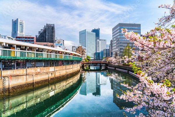 Obraz 春の横浜・大岡川の都市風景　野毛都橋商店街と高層ビル群【神奈川県・横浜市】