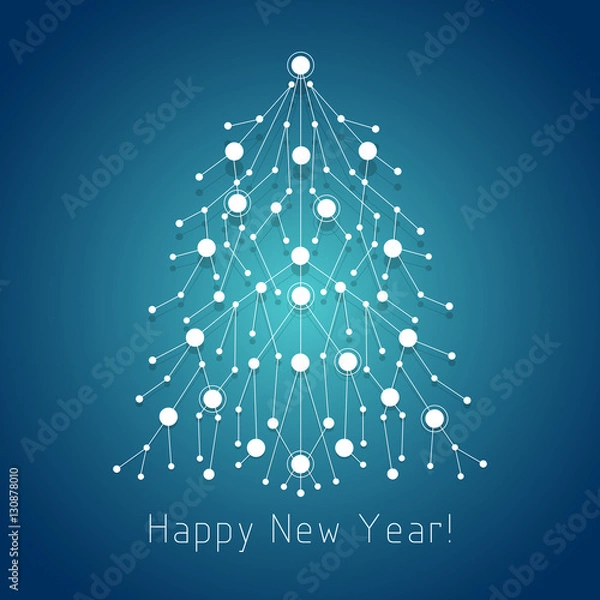 Obraz White fir tree made of connected lines and dots