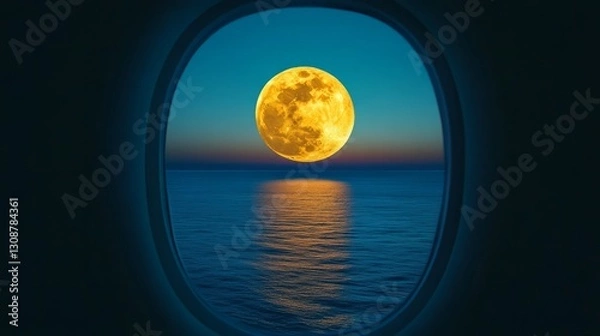 Fototapeta A full moon reflecting off a calm ocean, framed by the aircraft window 