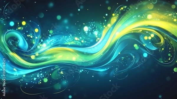 Fototapeta Bright neon lime and electric cyan swirls, bold and dynamic with glossy highlights