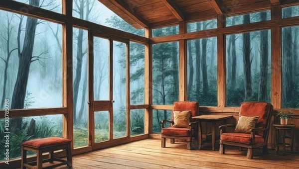 Fototapeta Wooden room with chairs. Trees and forest visible through many glass windows. Relaxing place with natural light. Quiet morning atmosphere.