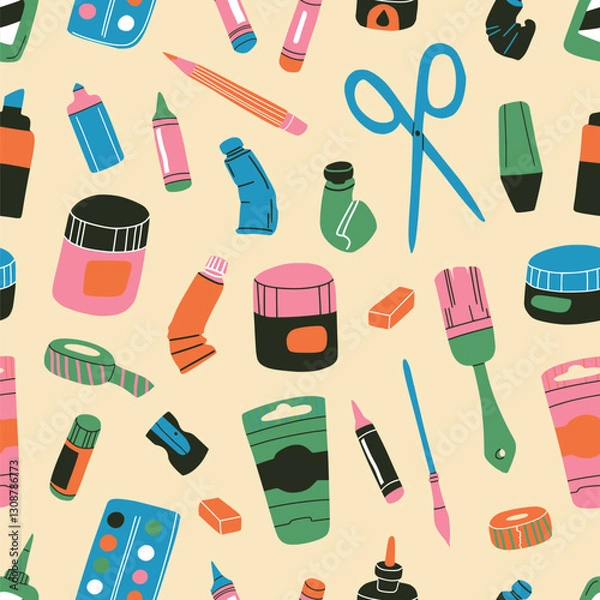 Fototapeta Art supplies seamless pattern: paint tubes, brushes, pencils, watercolor, crayons. Drawing and painting tools. Flat vector surface for fabric, paper. Art classes and creative workshops, school concept
