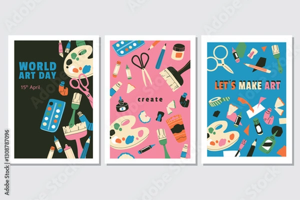 Fototapeta Art and creativity advertising poster, Flyer, Card, Web Banner design templates. World Art Day Celebration. Drawing, painting lesson, hobby master class, DIY workshop, handcraft concept. Flat vector