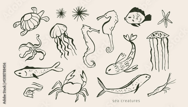 Fototapeta Underwater creatures: fish, crab, starfish, shrimp, seahorse. Modern wild life doodles. Simple outline ink sketches.Hand drawn sea, ocean creatures. Isolated vector elements. Naive childish style