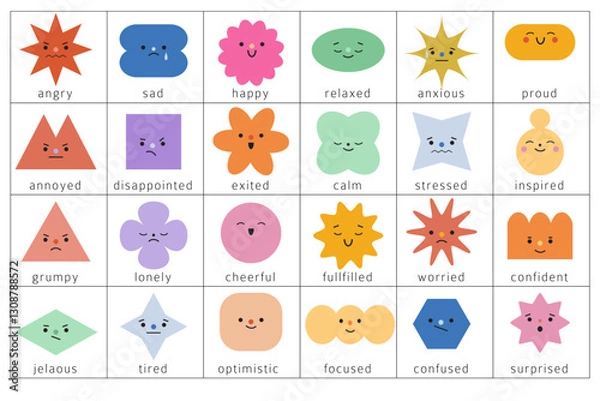 Fototapeta Collection of different emotions and feelings. Abstract geometric characters. Cartoon cute comic shapes with face expressions. Childish flat vector illustrations isolated on white