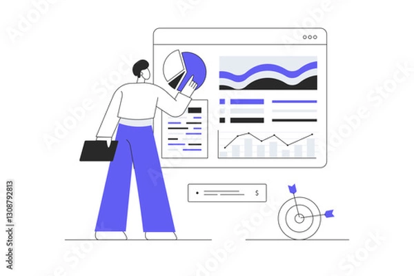 Fototapeta Startup business concept. Businessman launches new project, analyzes data, success strategy. Flat Cartoon Vector Illustration, icon. Stylish abstract design for website