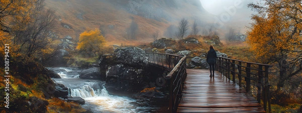 Fototapeta A person walking on the bridge
