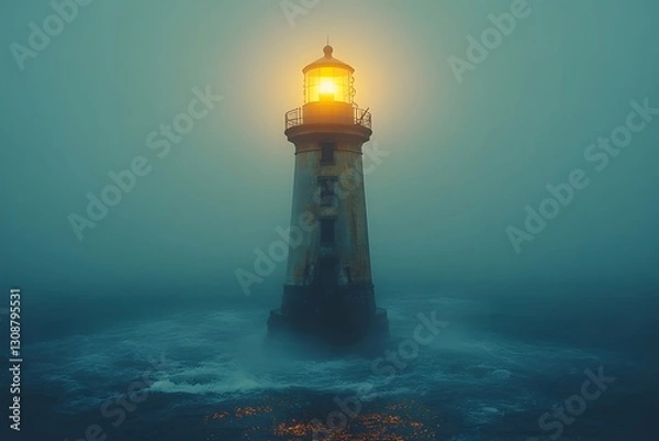 Fototapeta Misty Lighthouse with Illuminated Beacon at Twilight for Coastal Navigation
