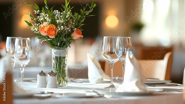 Fototapeta Elegant Table Setting in a Restaurant Featuring Floral Arrangement Glassware and White Linens