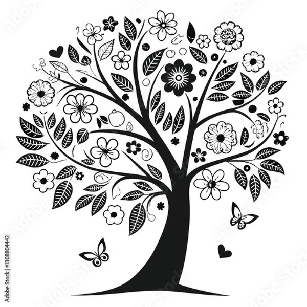Fototapeta Black tree silhouette with heart-shaped leaves, love and family concept, vector illustration symbolizing connection, care, and affection, perfect for romantic and nature themes
