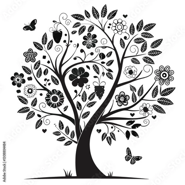Fototapeta Black tree silhouette with heart-shaped leaves, love and family concept, vector illustration symbolizing connection, care, and affection, perfect for romantic and nature themes
