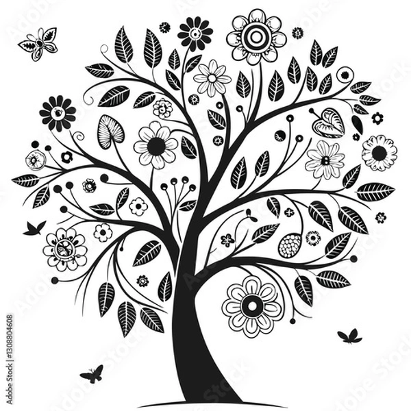 Fototapeta Black tree silhouette with heart-shaped leaves, love and family concept, vector illustration symbolizing connection, care, and affection, perfect for romantic and nature themes
