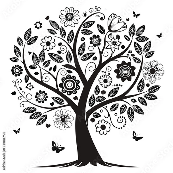 Fototapeta Black tree silhouette with heart-shaped leaves, love and family concept, vector illustration symbolizing connection, care, and affection, perfect for romantic and nature themes
