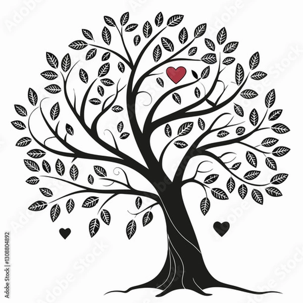 Fototapeta Black tree silhouette with heart-shaped leaves, love and family concept, vector illustration symbolizing connection, care, and affection, perfect for romantic and nature themes
