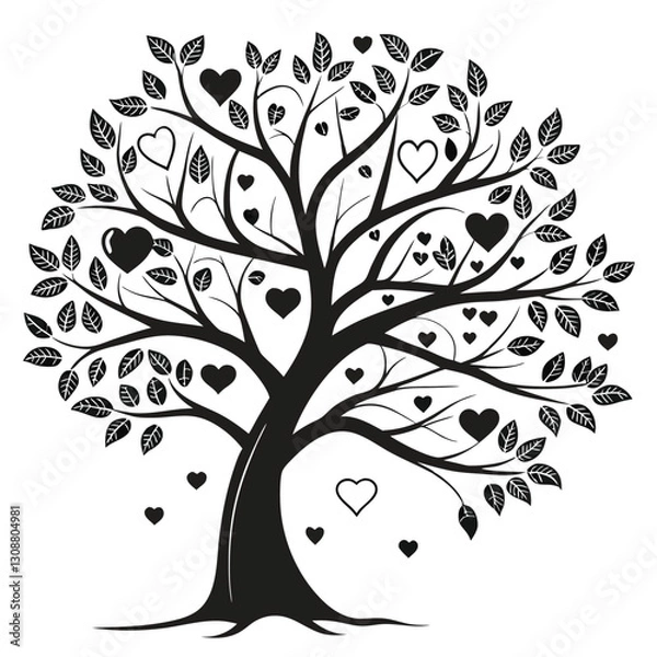 Fototapeta Black tree silhouette with heart-shaped leaves, love and family concept, vector illustration symbolizing connection, care, and affection, perfect for romantic and nature themes
