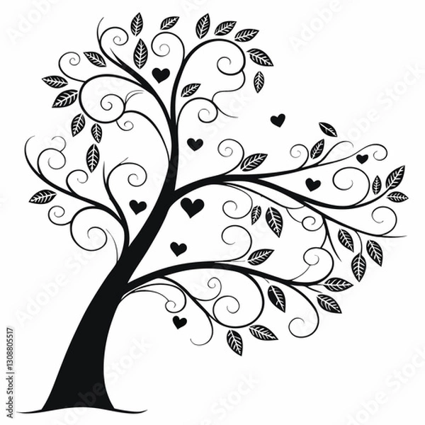 Fototapeta Black tree silhouette with heart-shaped leaves, love and family concept, vector illustration symbolizing connection, care, and affection, perfect for romantic and nature themes
