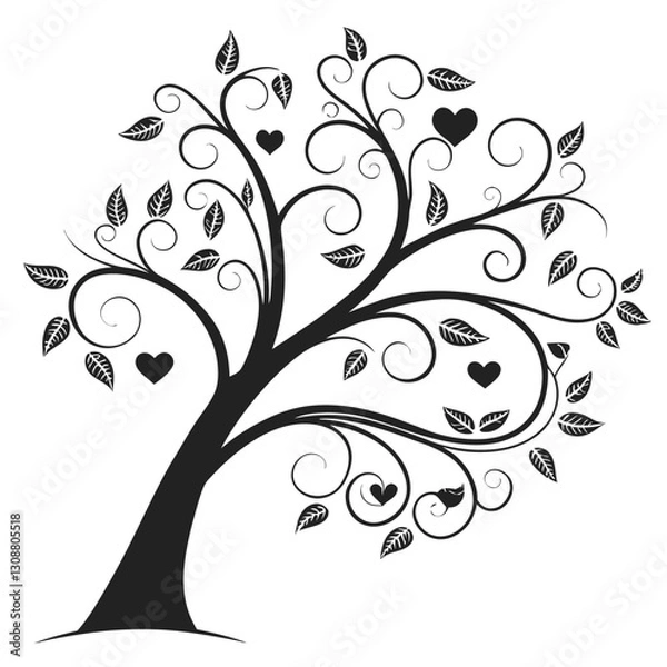 Fototapeta Black tree silhouette with heart-shaped leaves, love and family concept, vector illustration symbolizing connection, care, and affection, perfect for romantic and nature themes
