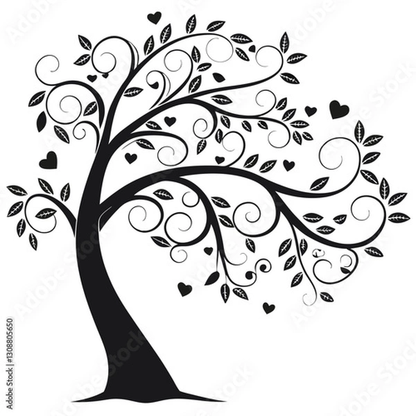 Fototapeta Black tree silhouette with heart-shaped leaves, love and family concept, vector illustration symbolizing connection, care, and affection, perfect for romantic and nature themes
