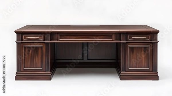 Fototapeta A high-end executive office desk with a dark wood finish and integrated storage, set against a clean white background