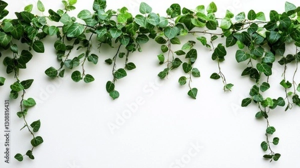 Fototapeta A decorative arrangement of green leaves cascading down a white background.