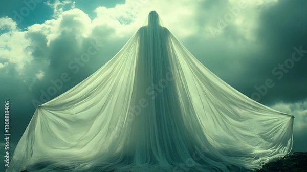 Fototapeta Ethereal Being: An awe-inspiring silhouette of a figure draped in flowing, white fabric, set against a dramatic sky filled with swirling clouds and hints of sunlight, inspiring awe.