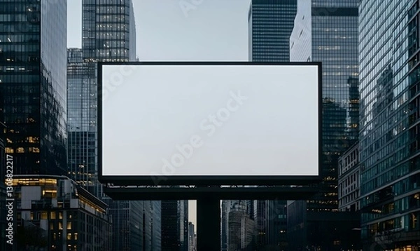 Fototapeta Empty Billboard Surrounded by Modern Skyscrapers in Urban Cityscape