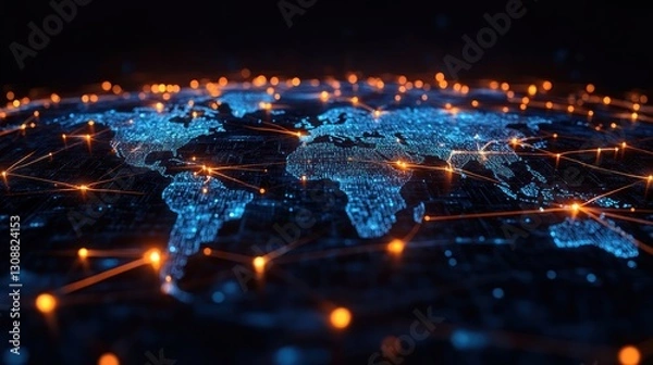 Fototapeta Global digital network map, glowing connections, world map background