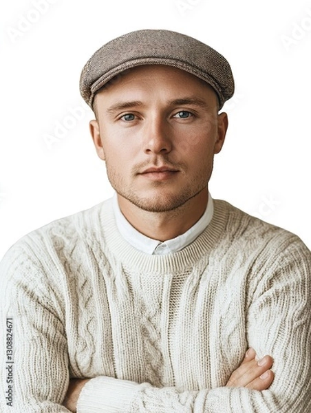 Fototapeta Stylish Man in Light Sweater and Newsboy Cap Perfect for Fashion Editorial and Lifestyle Projects