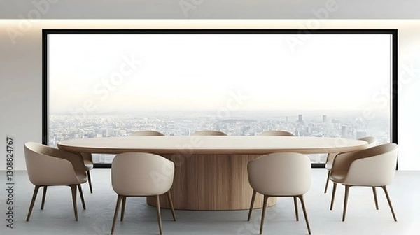 Fototapeta Modern Conference Room with City View and Elegant Wooden Table