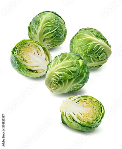 Obraz Brussels sprouts cut in half isolated on white background. Vertical layout.