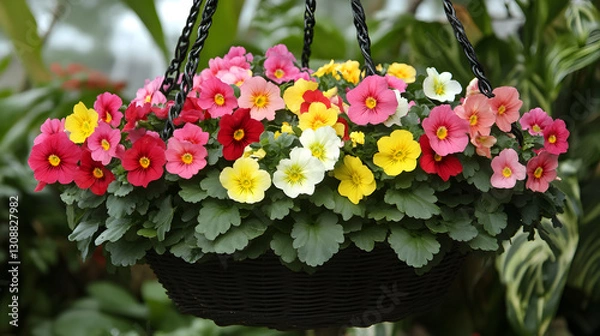 Fototapeta A hanging basket filled with colorful primroses, showcasing a cheerful display of blooms in a garden setting.
